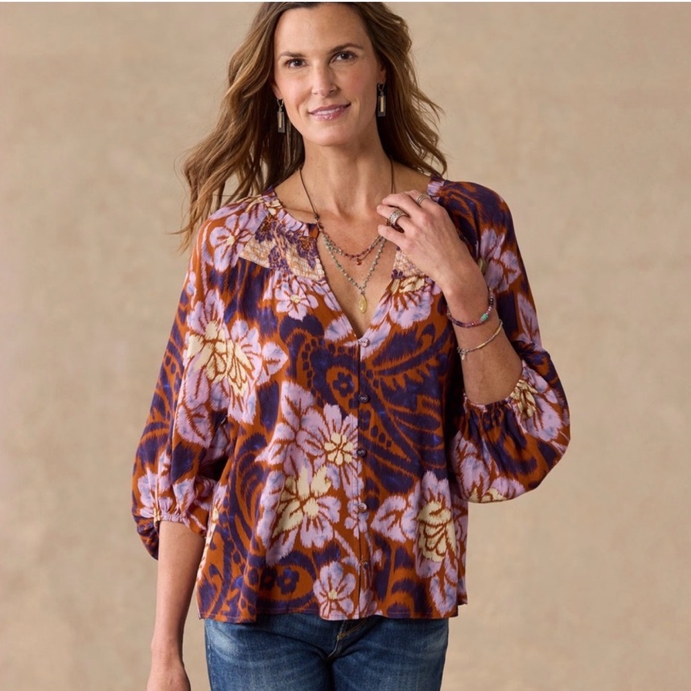 Sundance Tonya Tapestry Peasant Blouse Button Down Floral Print Smocked XS Boho